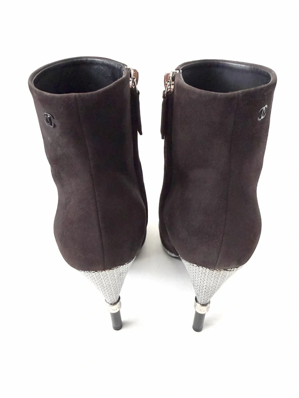 CHANEL | Suede CC Cap Toe Ankle Boots Gray Charcoal Silver High Heel EU 37
